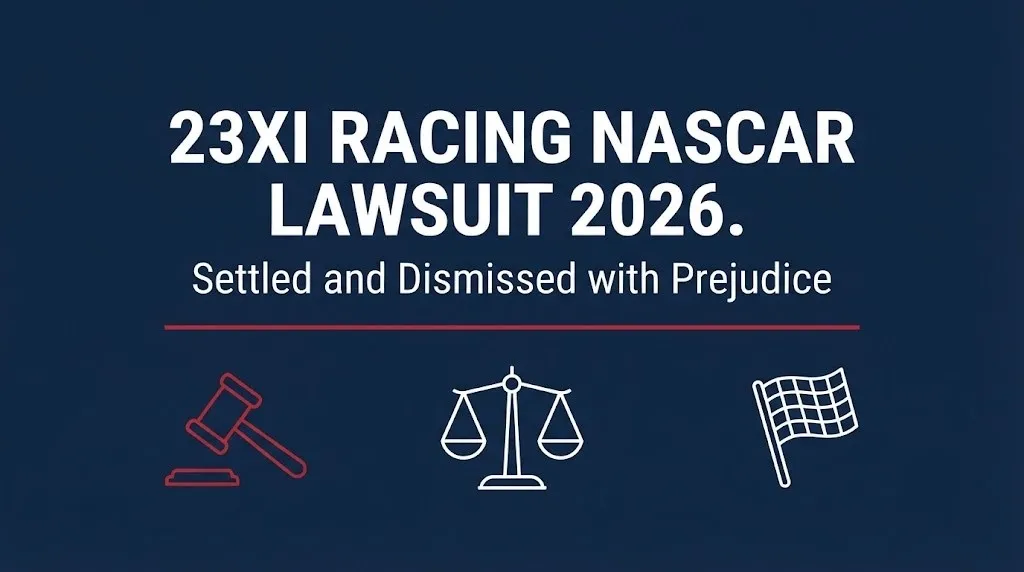 23XI Racing NASCAR lawsuit 2026 banner showing the case was settled and dismissed with prejudice.