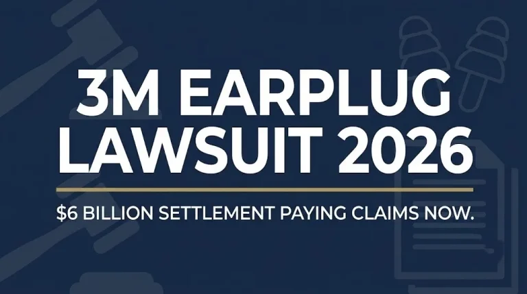 3M Earplug Lawsuit 2026 hero banner showing $6 billion settlement paying claims with gavel and earplug imagery on navy background.