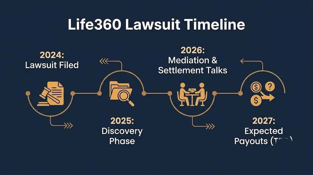 A timeline of the Life360 class action lawsuit from filing to expected 2027 payouts.