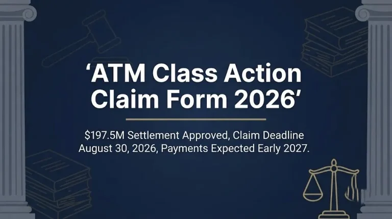 ATM class action claim form 2026 banner showing $197.5M settlement, August 30 deadline, and early 2027 payout date.