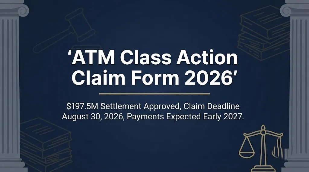 ATM class action claim form 2026 banner showing $197.5M settlement, August 30 deadline, and early 2027 payout date.