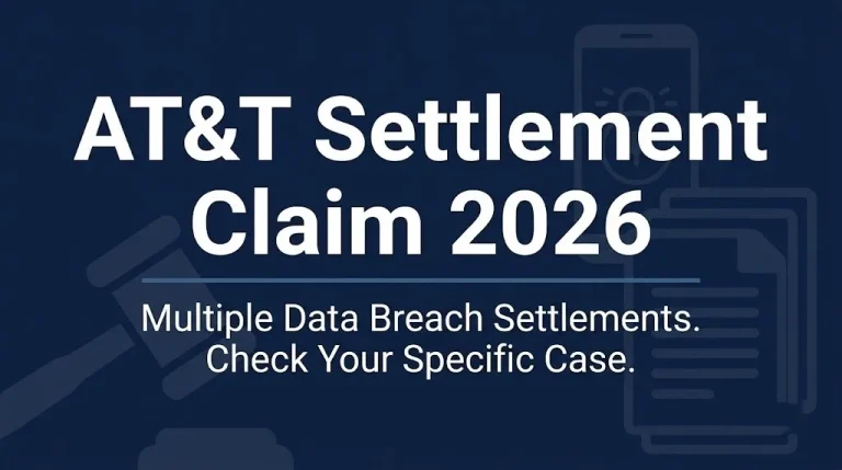 AT&T Settlement Claim 2026 hero banner showing multiple data breach settlements status with gavel navy background.