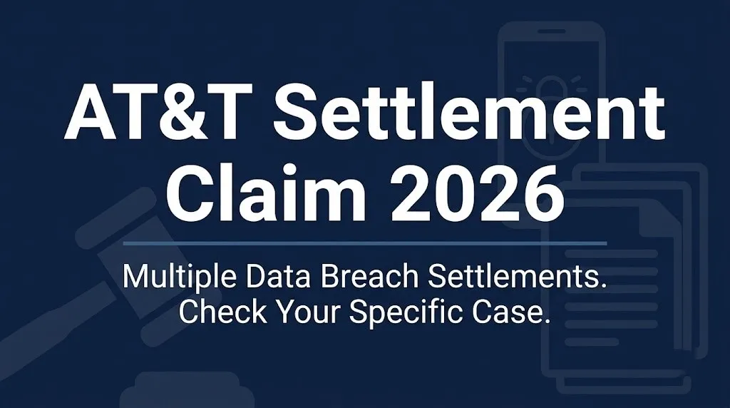 AT&T Settlement Claim 2026 hero banner showing multiple data breach settlements status with gavel navy background.