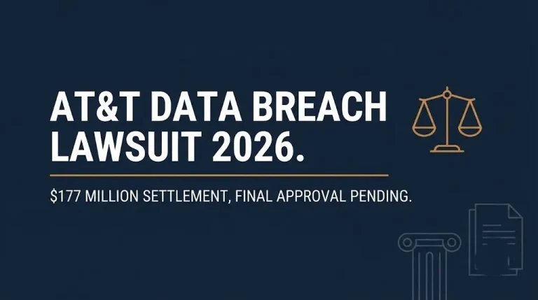 AT&T data breach lawsuit 2026 banner showing the $177 million settlement awaiting final approval.