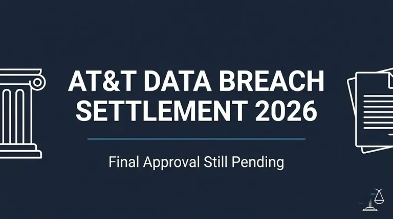 AT&T data breach settlement 2026 hero banner showing final approval still pending status.