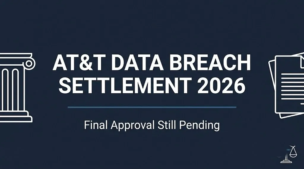 AT&T data breach settlement 2026 hero banner showing final approval still pending status.
