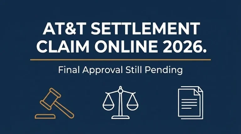 AT&T settlement claim online 2026 banner showing final approval still pending status.