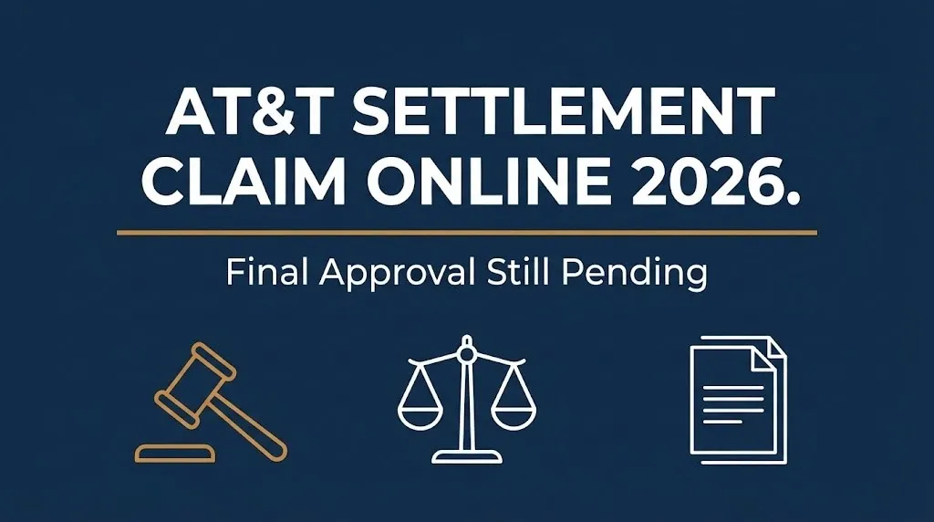 AT&T settlement claim online 2026 banner showing final approval still pending status.