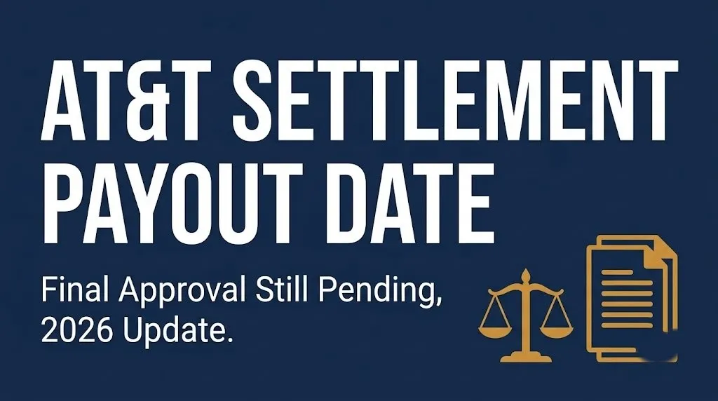AT&T settlement payout date graphic showing final approval still pending as of 2026 update.