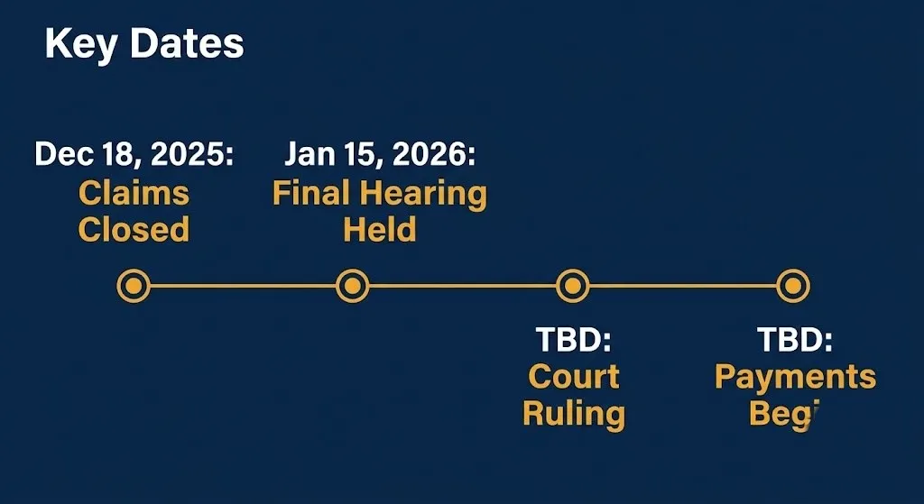 AT&T settlement payout date timeline showing claims closed, hearing held, and ruling still pending.