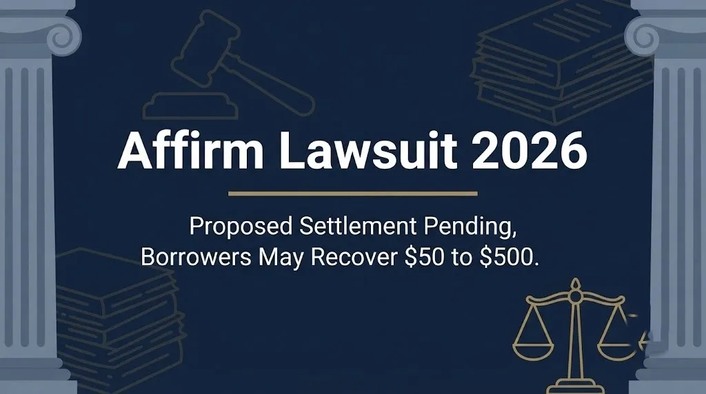 Affirm lawsuit 2026 banner showing proposed settlement and estimated payout range on navy background with legal symbolism.