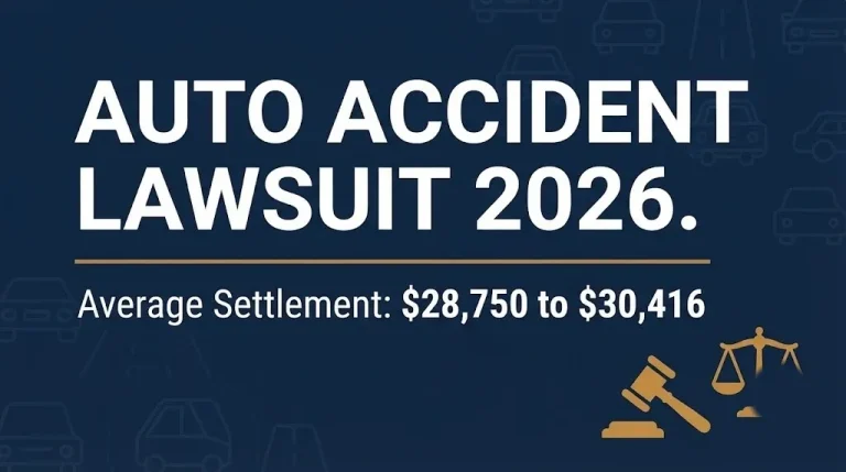 Auto accident lawsuit 2026 banner showing the national average settlement range of $28,750 to $30,416.