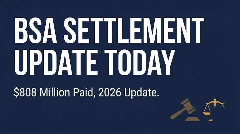 BSA settlement update today graphic showing $808 million paid to survivors as of 2026.