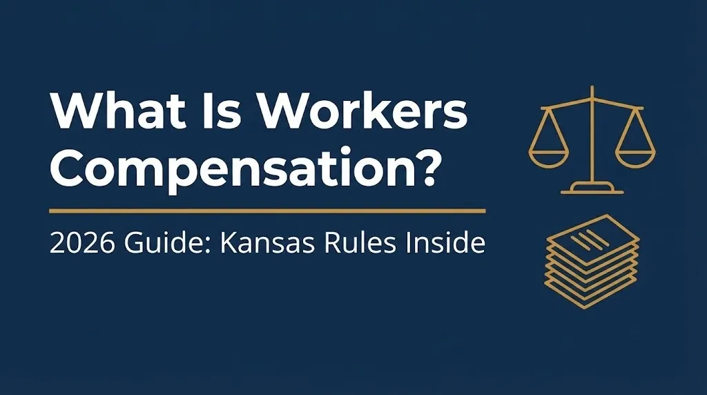 Banner explaining what is workers compensation with a 2026 Kansas rules subheading on navy background.