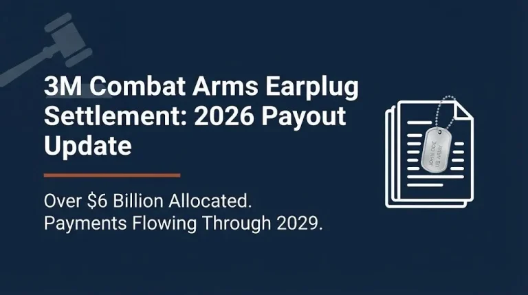 Banner for 3M earplug settlement article showing $6 billion fund and active payment status in 2026.
