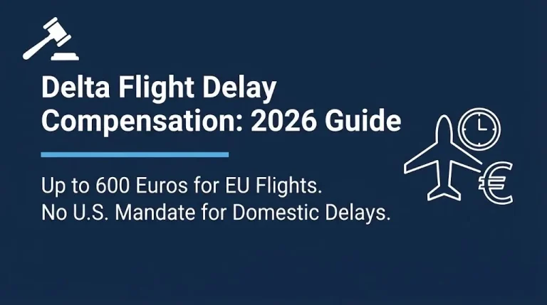 Banner for Delta flight delay compensation 2026 guide showing EU compensation up to 600 euros and no U.S. cash mandate.