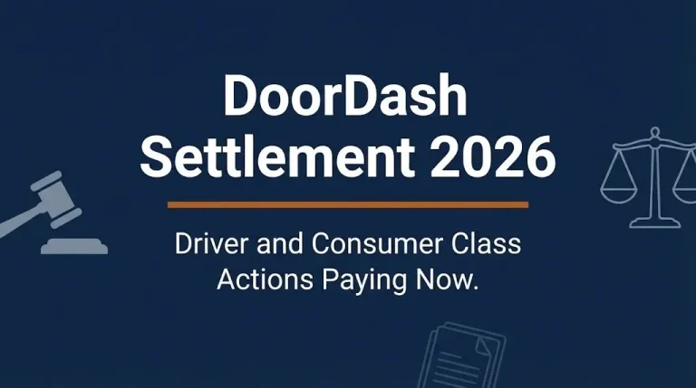 Banner for DoorDash settlement 2026 article showing driver and consumer class action status with legal imagery in navy blue editorial style.