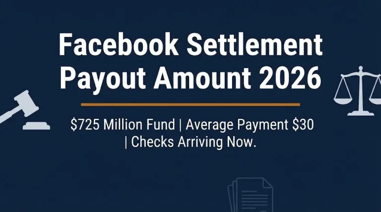 Banner for Facebook settlement payout amount 2026 article showing $725 million fund and average $30 payment.