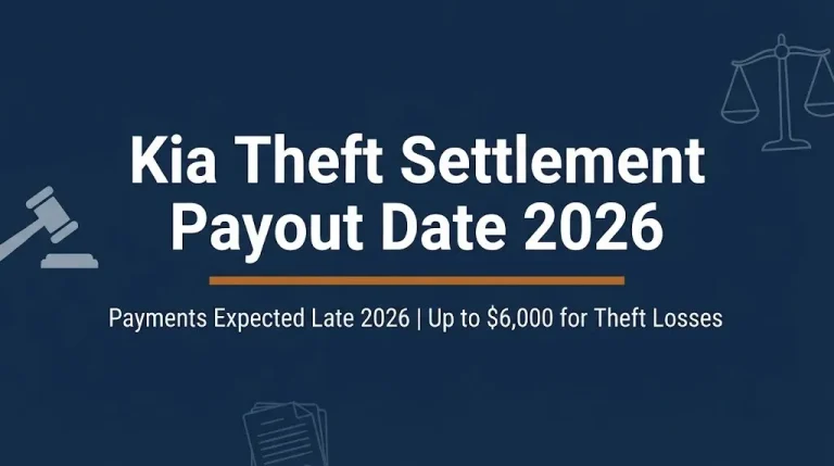 Banner for Kia theft settlement payout date 2026 article showing payment timeline and maximum payout amounts in navy blue editorial style.