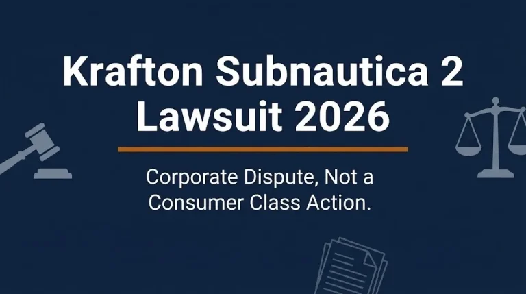 Banner for Krafton Subnautica 2 lawsuit 2026 article showing it is a corporate dispute not a consumer class action with legal imagery.