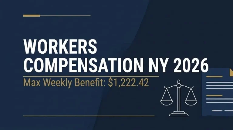 Banner for New York workers compensation 2026 showing the $1,222.42 maximum weekly benefit rate.