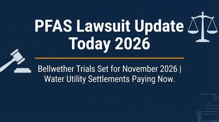 Banner for PFAS lawsuit update 2026 article showing bellwether trial date and water utility settlement status with legal imagery in navy blue.