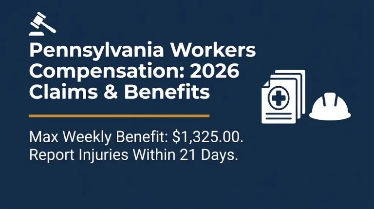 Banner for Pennsylvania workers compensation 2026 guide showing $1,325 maximum weekly benefit and 21-day injury reporting deadline.