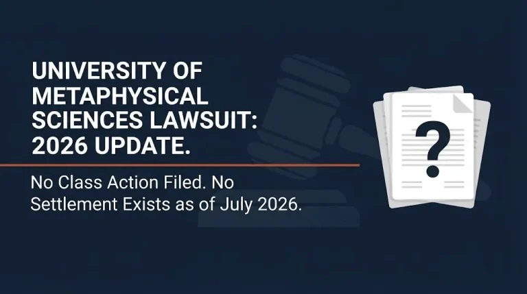 Banner for University of Metaphysical Sciences lawsuit article showing no class action or settlement exists as of 2026.