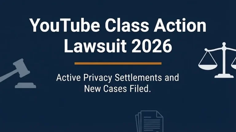 Banner for YouTube class action lawsuit 2026 article showing privacy settlement status and legal imagery in navy blue editorial style.