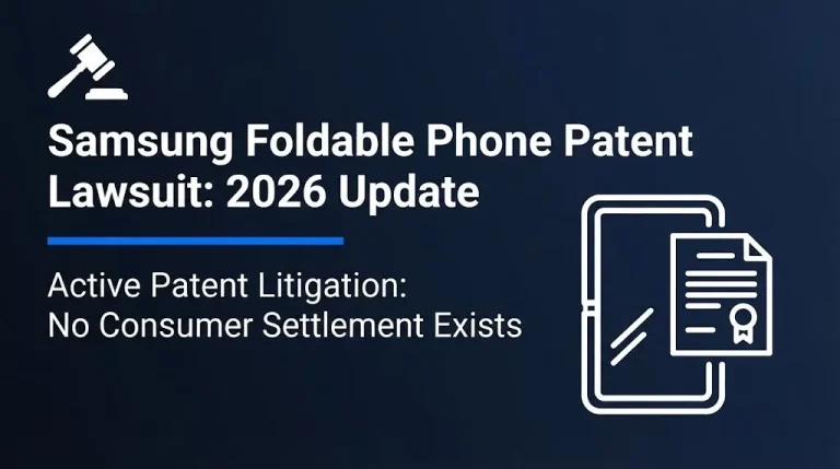Banner for article about Samsung foldable phone patent lawsuit status showing active litigation with no consumer settlement in 2026.