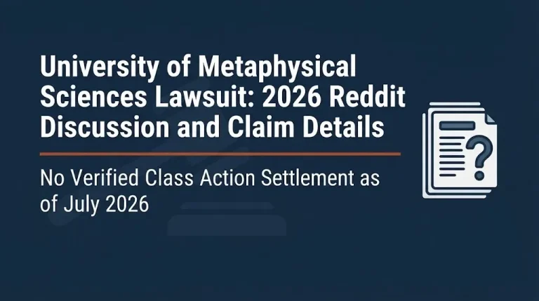 Banner for article about University of Metaphysical Sciences lawsuit status showing no verified class action exists in 2026.