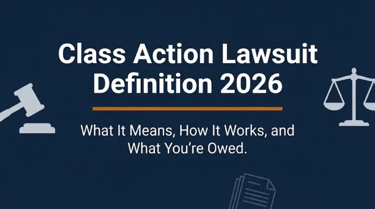 Banner for class action lawsuit definition 2026 article explaining how class actions work with legal imagery in navy blue editorial style.