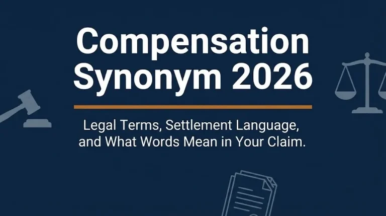 Banner for compensation synonym 2026 article showing settlement language with legal imagery in navy blue editorial style.