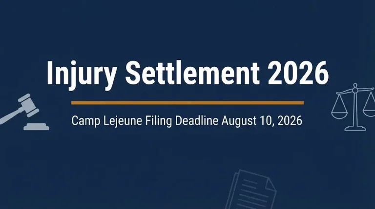 Banner for injury settlement 2026 article showing Camp Lejeune deadline and legal imagery in navy blue editorial style.