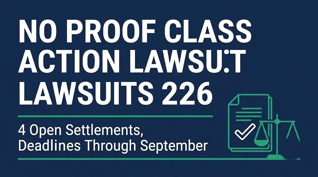 Banner for no proof class action lawsuits 2026 showing four open settlements with deadlines through September.