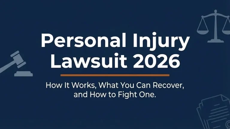 Banner for personal injury lawsuit 2026 article explaining how injury claims work with legal imagery in navy blue editorial style.