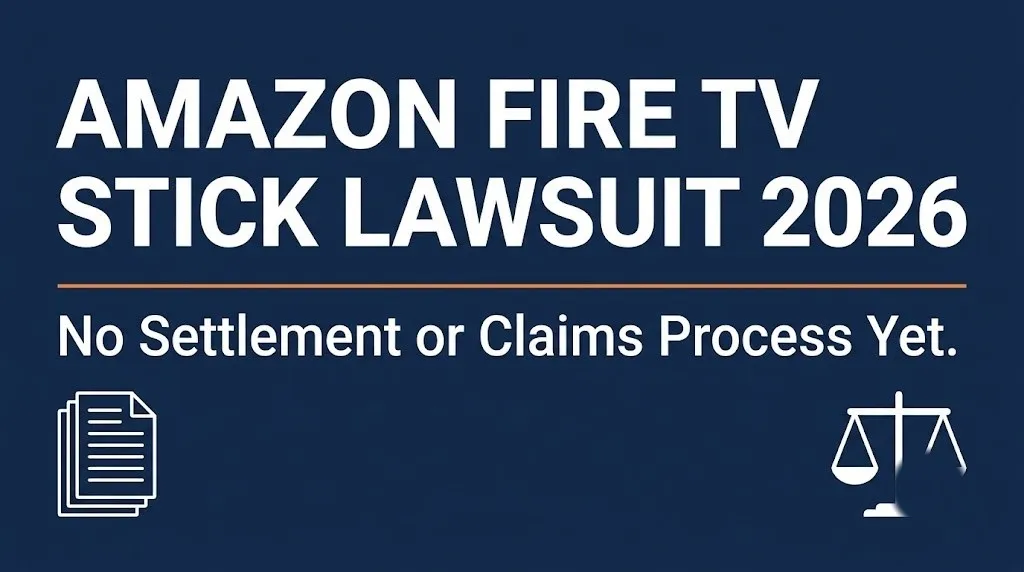 Banner for the Amazon Fire TV Stick lawsuit 2026 update noting no settlement or claims process exists yet.