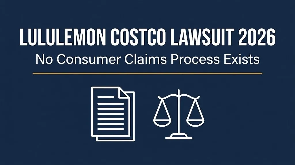 Banner for the Lululemon Costco lawsuit 2026 update noting there is no consumer claims process in this case.
