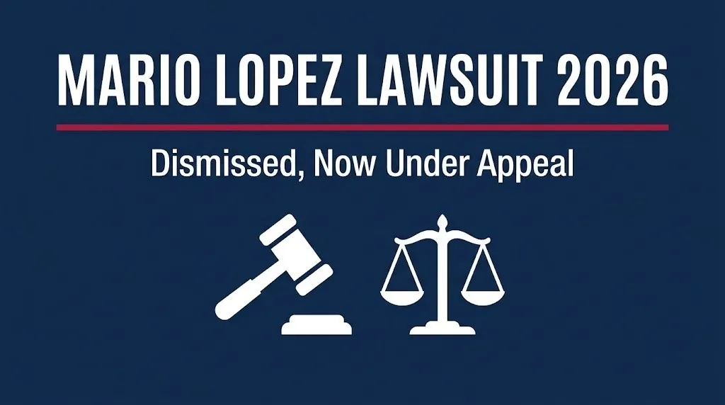 Banner for the Mario Lopez lawsuit 2026 update showing the defamation case dismissed and now under appeal.