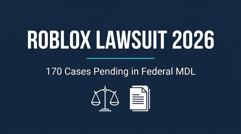 Banner for the Roblox lawsuit 2026 update showing 170 pending cases in the federal child safety MDL.