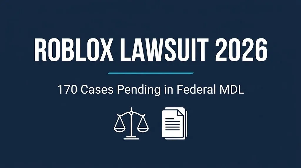Banner for the Roblox lawsuit 2026 update showing 170 pending cases in the federal child safety MDL.