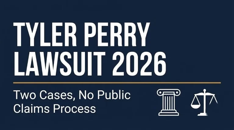 Banner for the Tyler Perry lawsuit 2026 update showing two active cases with no public claims process.