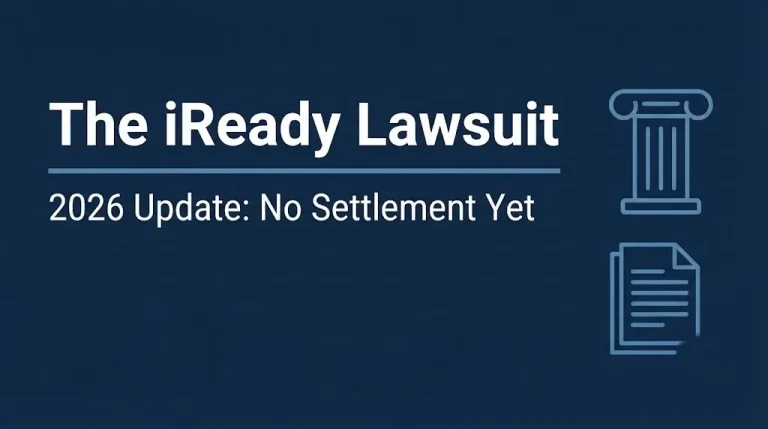 Banner for the iReady lawsuit explainer noting no settlement exists yet as of the 2026 update.