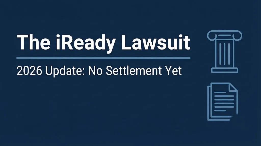 Banner for the iReady lawsuit explainer noting no settlement exists yet as of the 2026 update.