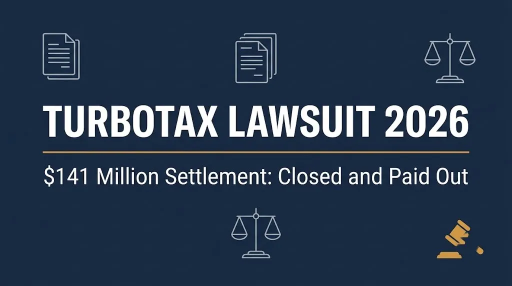Banner for the turbo tax lawsuit 2026 update showing the $141 million settlement is closed and paid out.