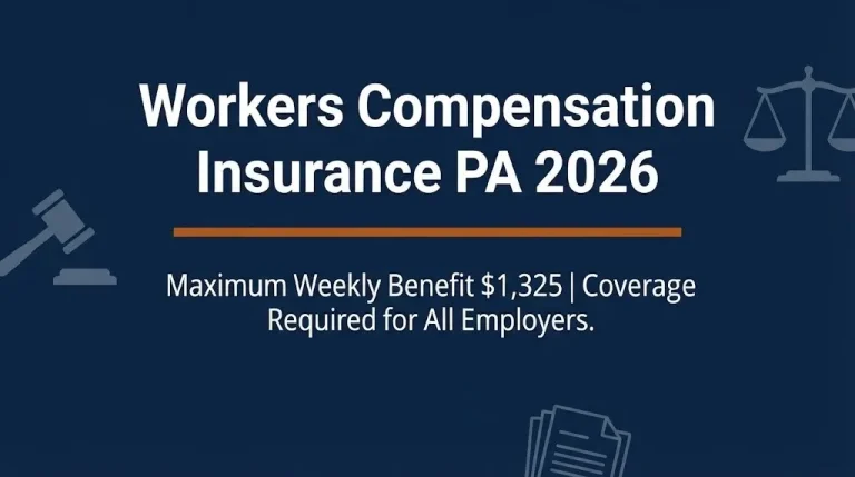 Banner for workers compensation insurance PA 2026 article showing benefit maximum and mandatory coverage rule in navy blue editorial style.