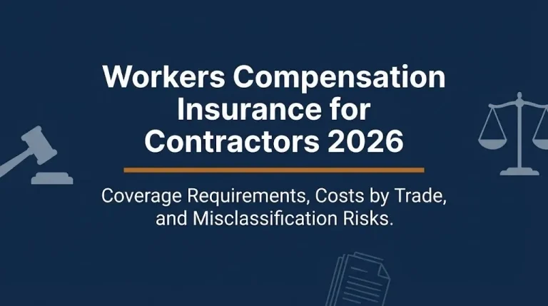 Banner for workers compensation insurance for contractors 2026 article showing trade costs in navy blue editorial style.