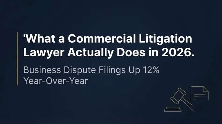 Banner image for article on what a commercial litigation lawyer does in 2026, with a confirmed filing statistic and legal imagery.
