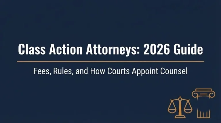 Banner introducing a 2026 guide to class action attorneys, covering fees and court appointment rules.