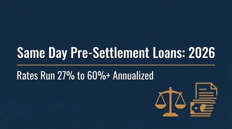 Banner on same day pre-settlement loans in 2026 showing typical annualized cost ranges.